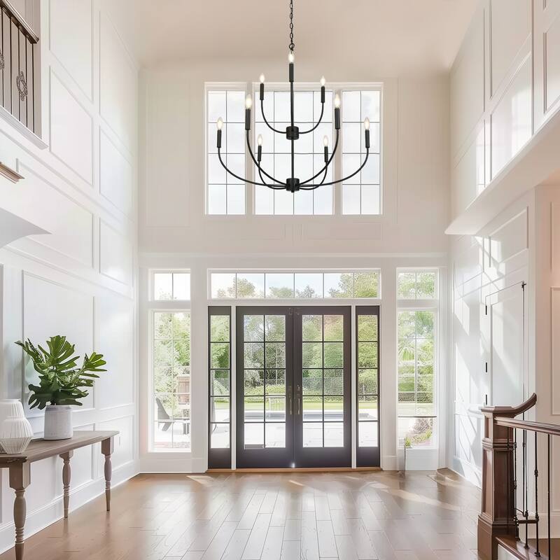 Oriea Modern Farmhouse 9-Light Black Chandelier Classic Candle Lights for Living Dining Room - D 32.3" x H 34"