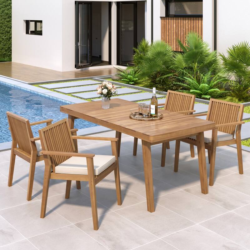 Christopher Knight Home - Selene Outdoor Acacia Wood Dining Set - Brown+Beige+5 Piece