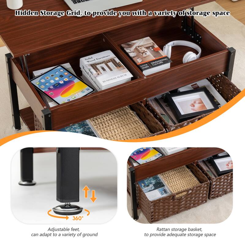 Brown Wood Coffee & End Tables with a Lifting Table,and Hidden Storage Space