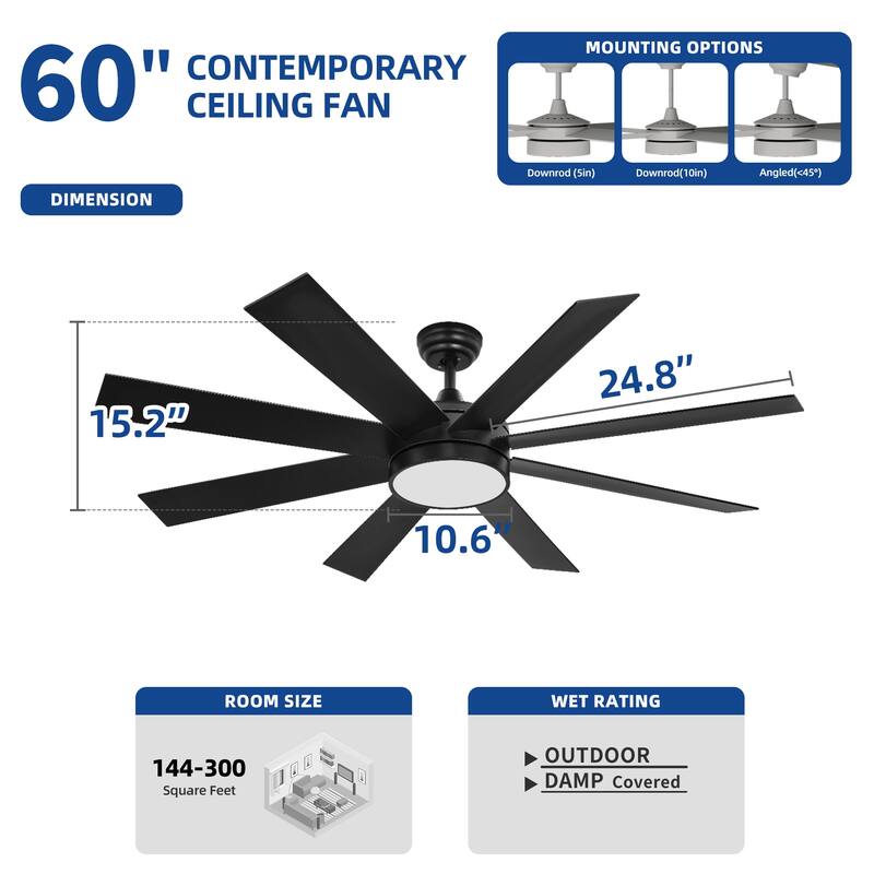 Moasis 60" Matte Black Modern 8-Blade LED Ceiling Fan with Light and Remote