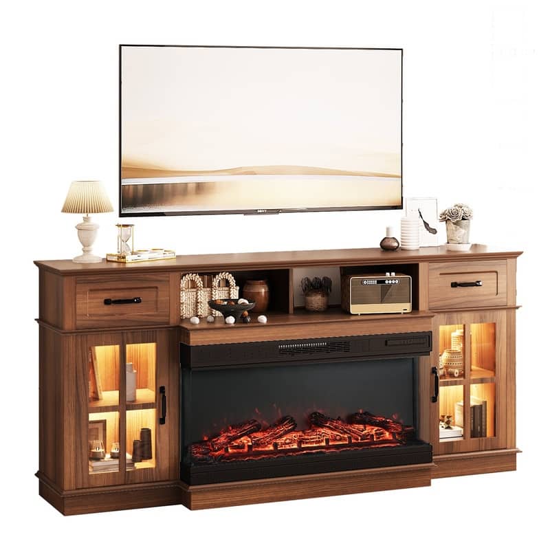 Farmhouse 70'' TV Stand For Tvs Up To 80'' With Electric Fireplace and Adjustable Shelves