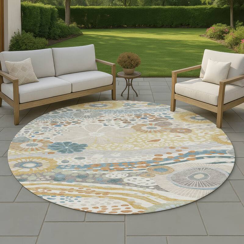 Machine Washable Indoor/ Outdoor Whimsy Floral Chantille Rug - Ivory - 8' x 8'
