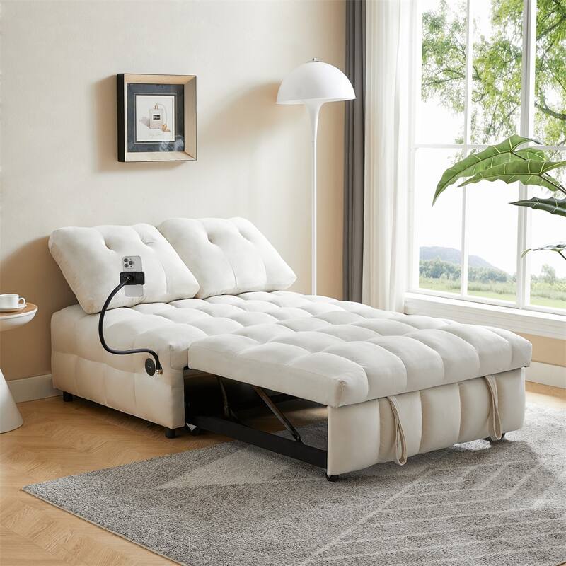 Velvet Pull Out Sofa with Removable Backrest,USB Port and Phone Stand