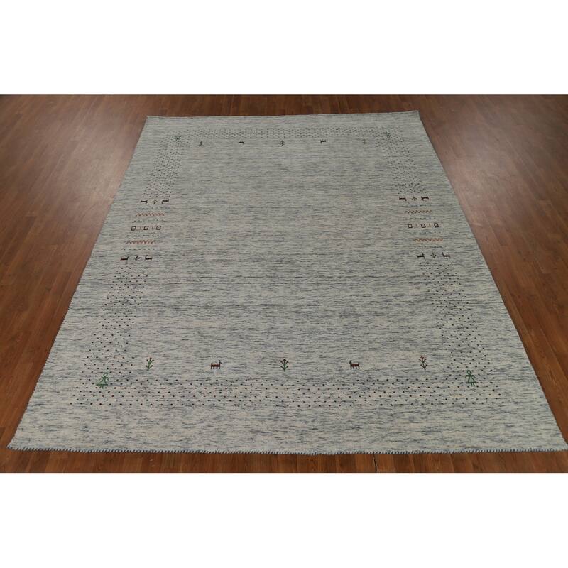 Ivory & Blue Tribal Gabbeh Indian Area Rug Handmade Wool Carpet - 8'0"x 9'10"