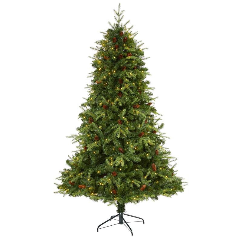 7ft Artificial Christmas Tree with Lights & Pine Cones - Holiday Spruce Decor - Green - 84