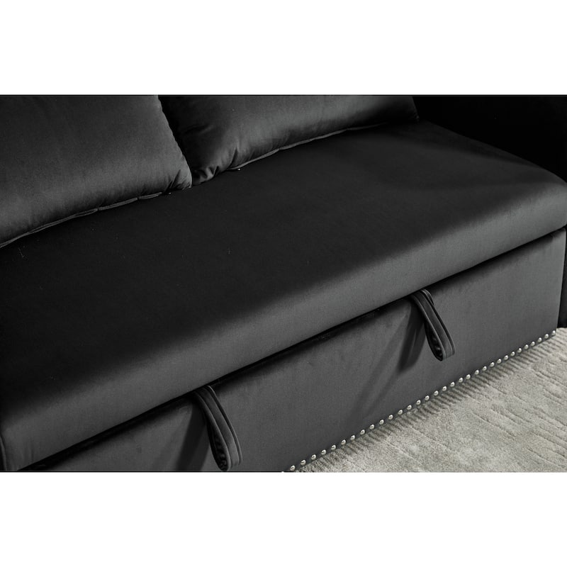 Small Convertible Sofa Bed, 55" Velvet Loveseat Couch with Pull-Out Bed, Pillows, Adjustable Backrest & Side Pockets