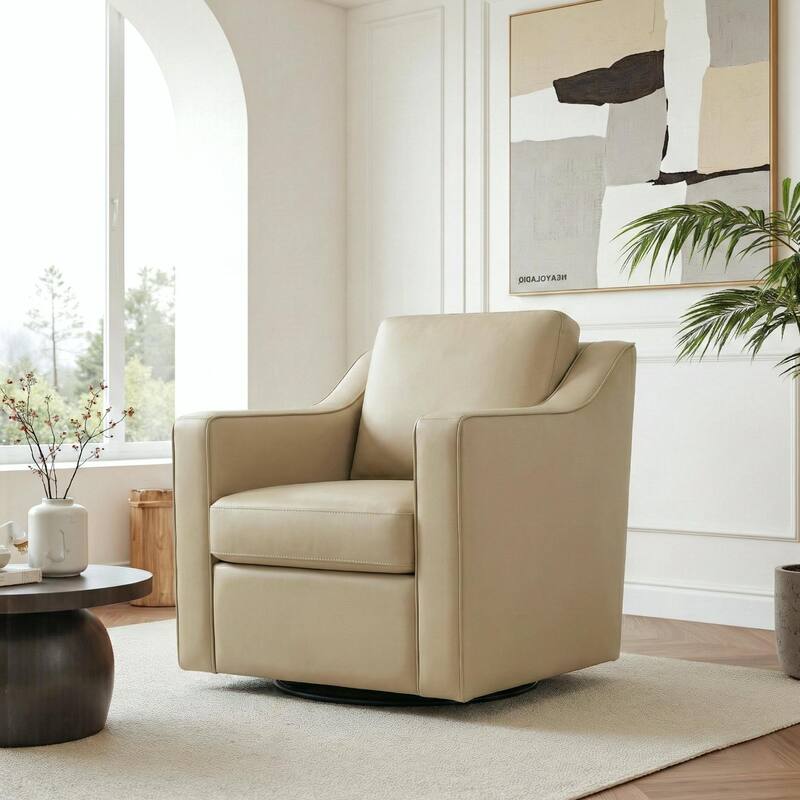 UIXE Chenille/Leather Swivel Barrel Chair Accent Chairs For Living Room - Faux Leather - Cream