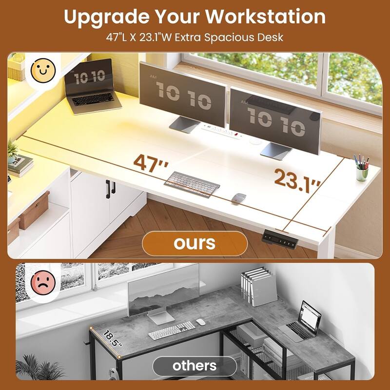 L Shaped Stand or Sit Computer Desk Adjustable Height Electric Desk Drawer Bookshelf