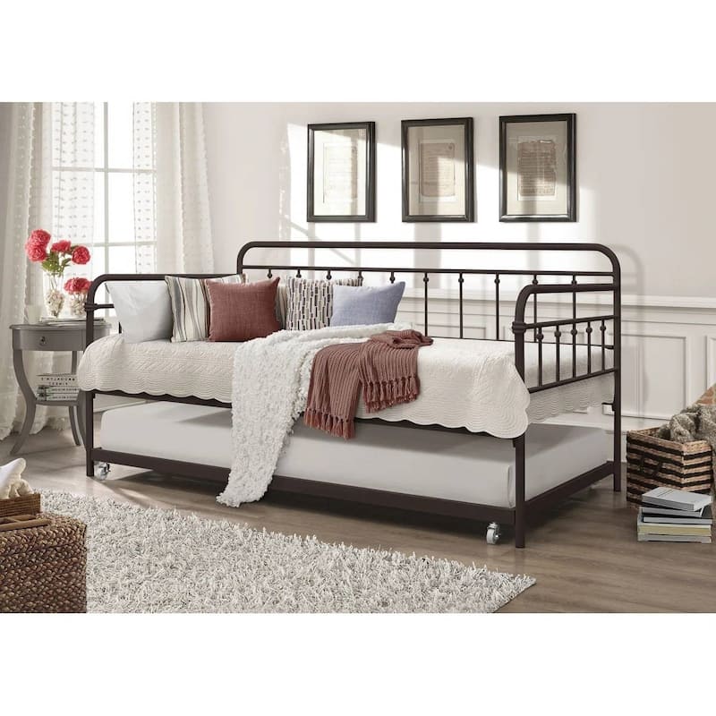Twin size Rounded Iron Daybed with Roll Out Trundle Bed Frame