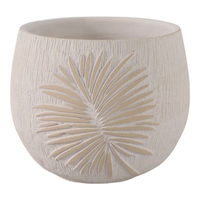 Pottery and Cement Round Planter with Carved Botanical Texture
