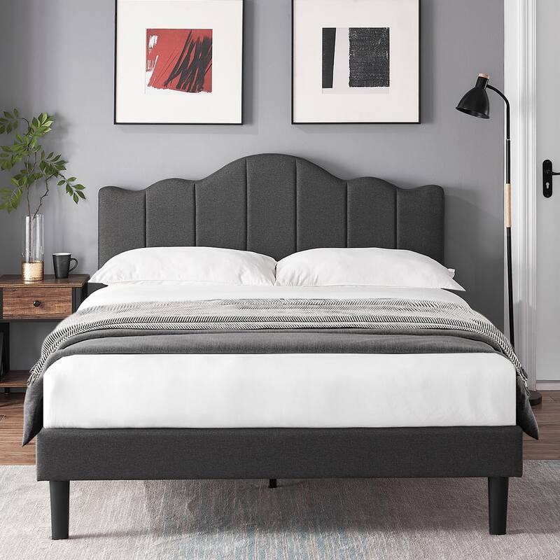 VECELO Modern Upholstered Bed with Curved Height Adjustable Headboard,Dark Grey