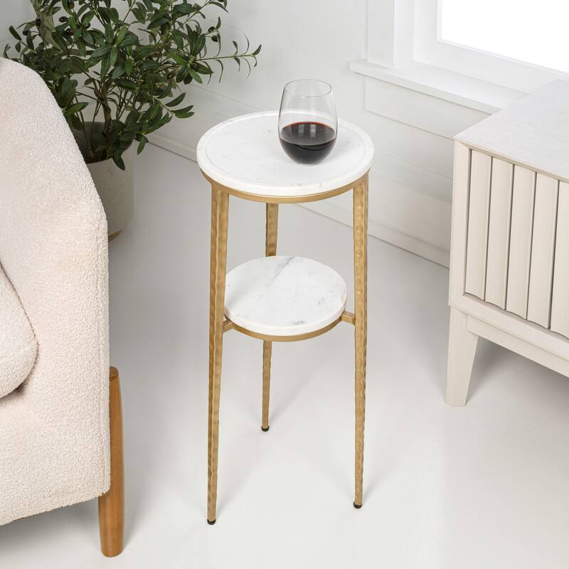 Seraphina 24.75″ 2‑Tier Metal Frame Drink & End Table w/ White Marble Round Top, By JONATHAN Y