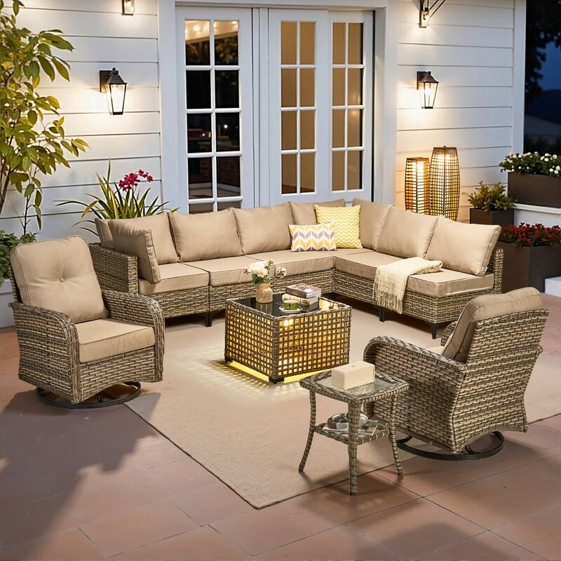 HOOOWOOO 10-piece Outdoor Furniture Wicker Swivel Rocking Chair Set - Beige