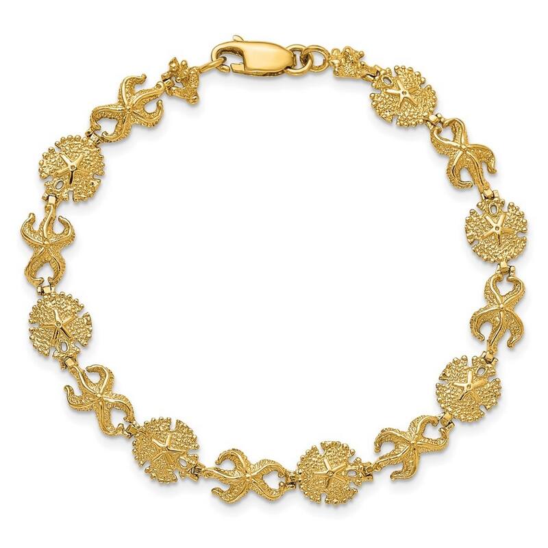 Curata 14k Gold Sea shell Nautical Starfish and Sand Dollar Bracelet 7 Inch