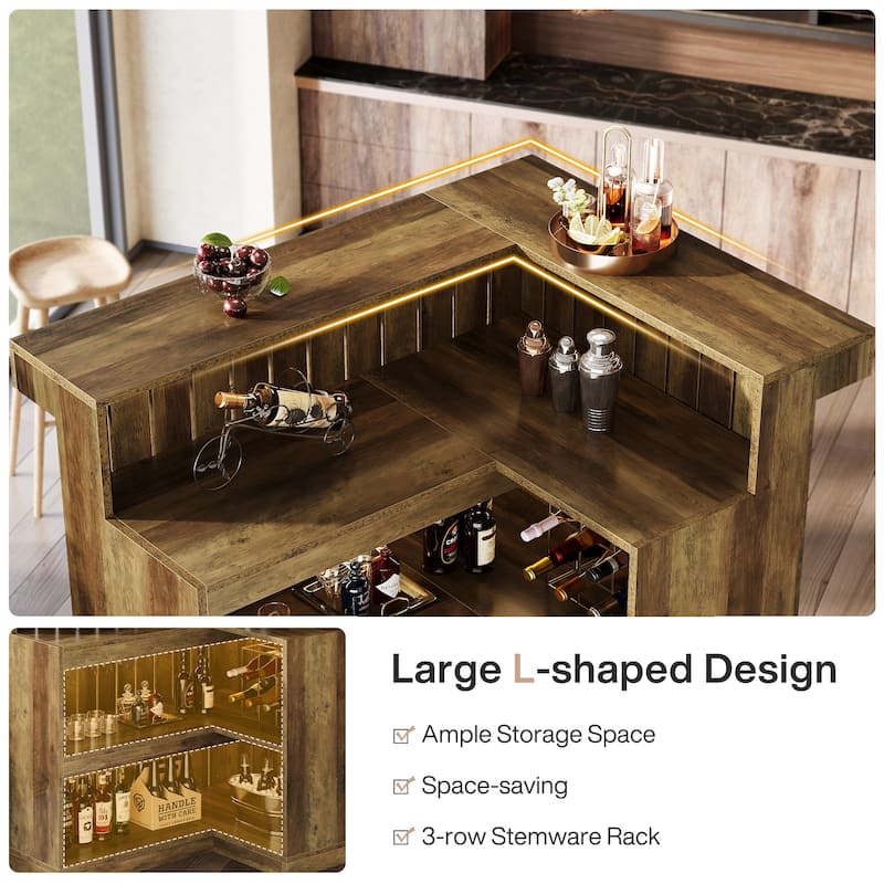 Industrial L-Shaped Corner Home Bar Cabinet with Wine Glass Racks