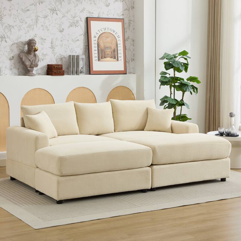 2 Pieces Corduroy Sectional Couch Covers with 2 Pillows, Beige