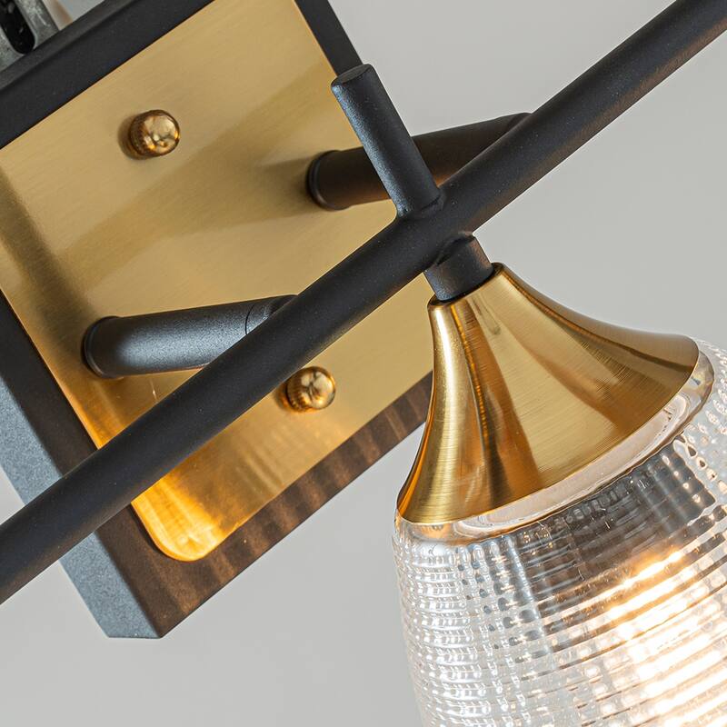3-Light W21" Contemporary Bathroom Vanity Wall Light in Black and Brass Finish with Dome Shape Clear Textured Glass Shade