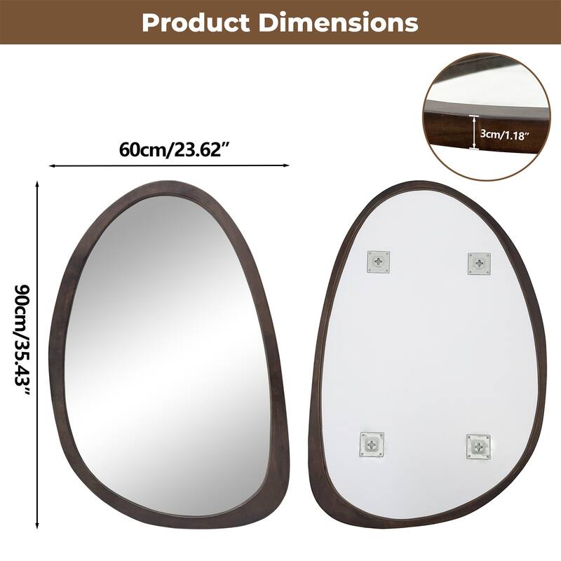 Industrial Irregular Wall Hanging Mirror Walnut Wood Frame Farmhouse Accent Mirror