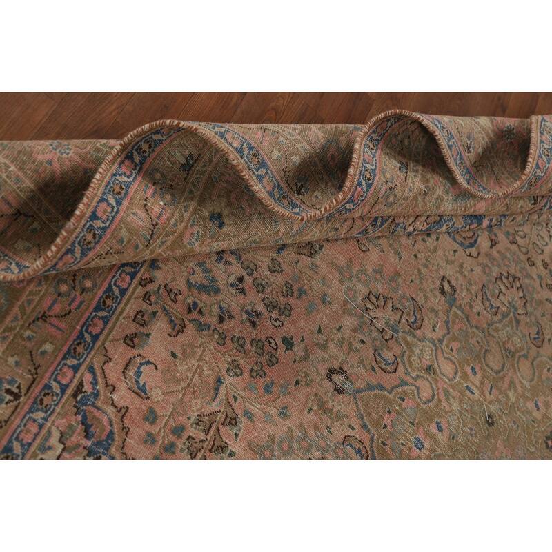 Distressed Pink Mashad Persian Antique Rug Hand-Knotted Wool Carpet - 9'8" x 12'5"