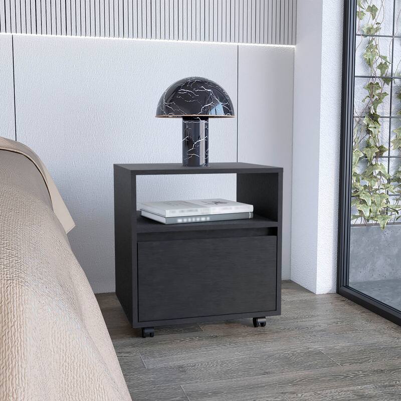 20-Inch Black Nightstand with One Drawer, Open Shelf, and Casters - Black
