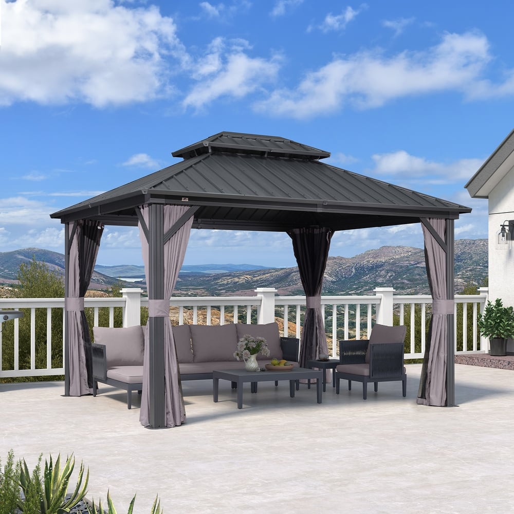 PURPLE LEAF 10x12 Outdoor Galvanized Steel Hardtop Gazebo, Aluminum Frame Gazebo With Curtains