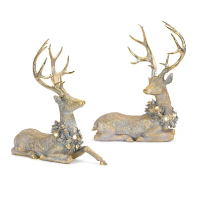 2 Gold Distressed Deer LED Lights Christmas Tabletop Figurines 21.75"