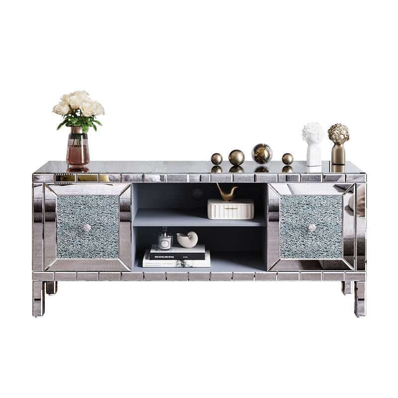 GDFStudio - Crystaluxe Modern Mirrored Media Entertainment Center with Crushed Diamond Glass Doors for 65-Inch TVs