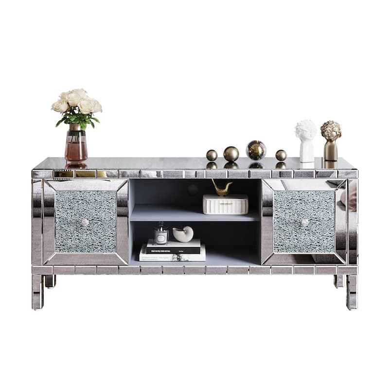 Roomfitters 60" Mirrored TV Stand for 65" TVs, Modern Entertainment Center with Crushed Diamond Glass Doors, Silver