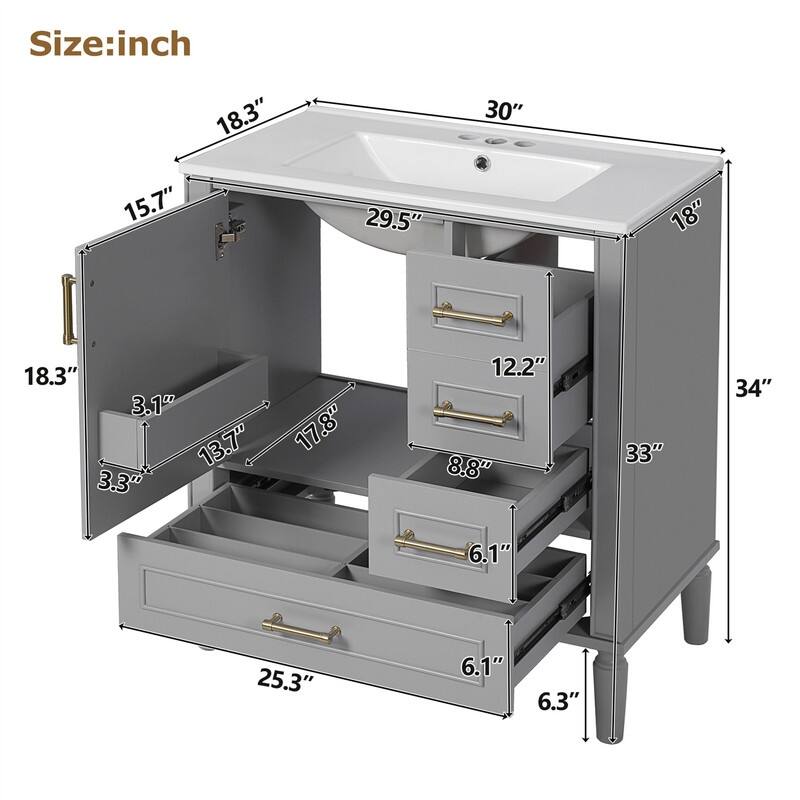 Traditional 30" Bathroom Vanity with Ceramic Sink, Freestanding Bathroom Vanity Cabinet with 3 Drawers and 1 Soft Close Door