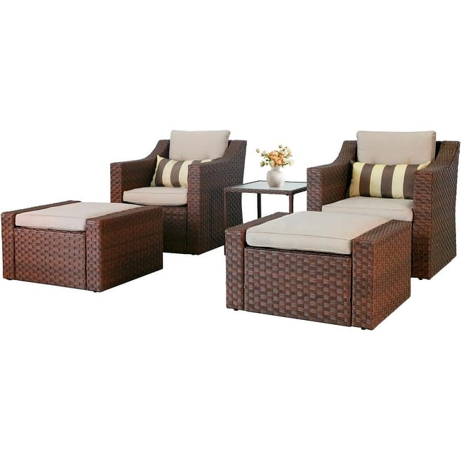 5-piece Outdoor Patio Wicker Lounge Chair and Ottoman Conversation Set - Brown