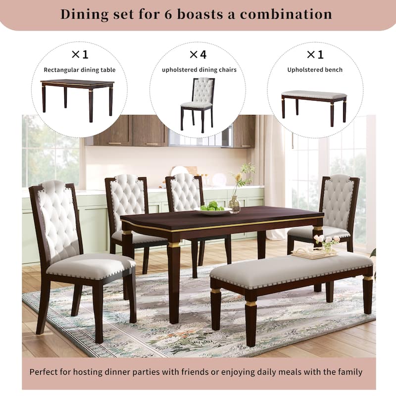 6 Piece Dining Table Set, 60" Solid Wood Rectangular Table with 4 High-Back Tufted Chairs and 1 Bench for Kitchen