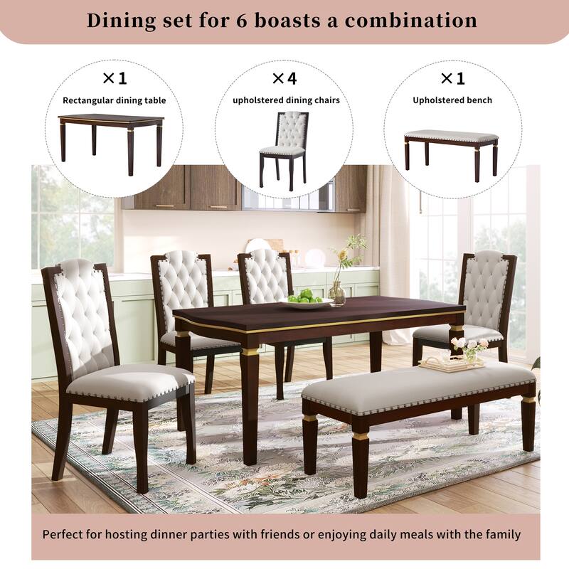 6-Piece Dining Table Set with 4 Tufted Chairs and Bench, 60" Rectangular Wood Table, Modern Dining Room Furniture