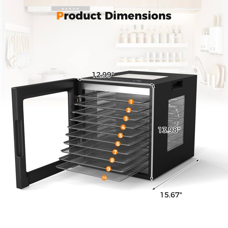 10-Tray Stainless Steel Food Dehydrator with LED Display, 360° Airflow & Presets - 12.99" x 15.67" x 13.98"