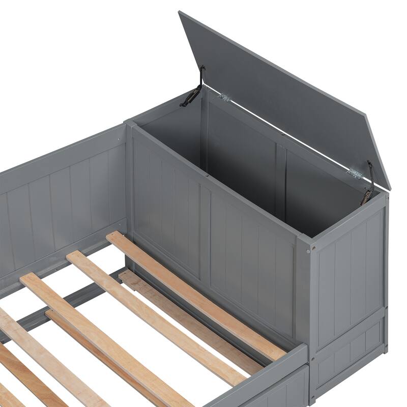 Twin Size Daybed with Storage, Trundle, and Charging Station in Gray