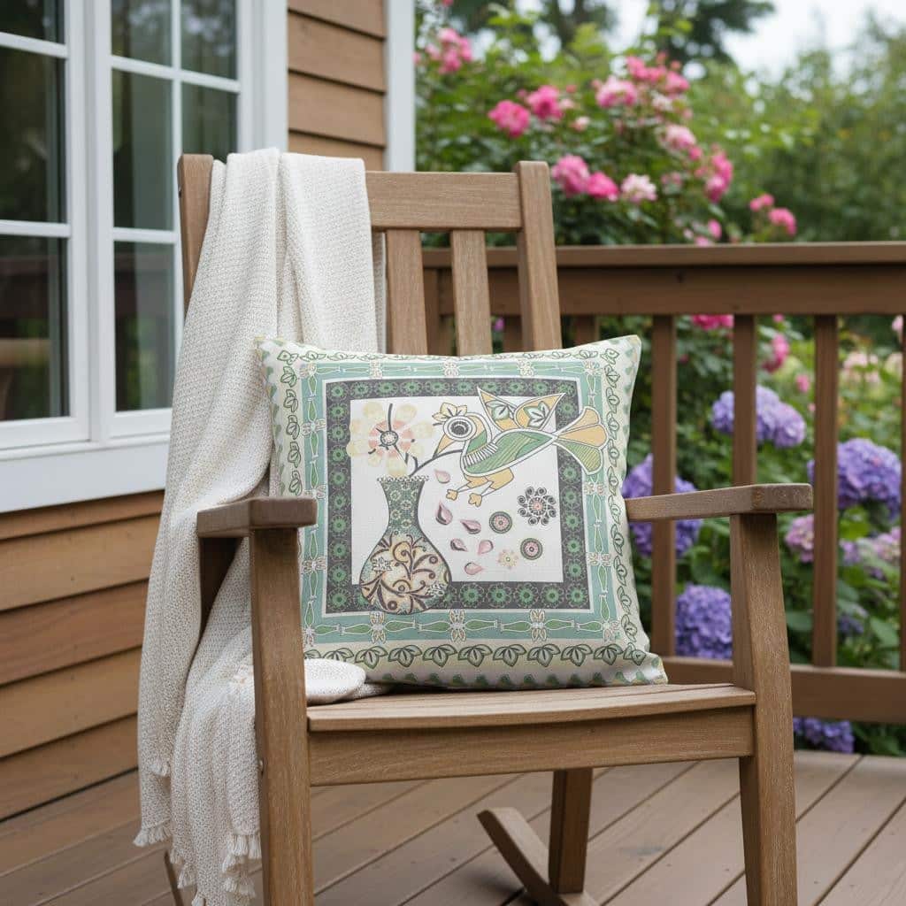 HomeRoots 26" x 26" Green and White Bird Blown Seam Floral Indoor Outdoor Throw Pillow - 26.00' X '5.00' X '26.00