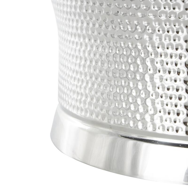 Silver Stainless Steel Metal Hammered Ice Bucket with Brown Leather Handles - 18"W x 21"L x 11"H