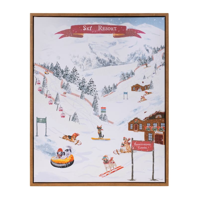 Seasonal Blue and Red Winter Dog Print Canvas with Wood Frame for Perfect for Holiday Home Decor - 20.25”L x 1.5”W x 16.25”H