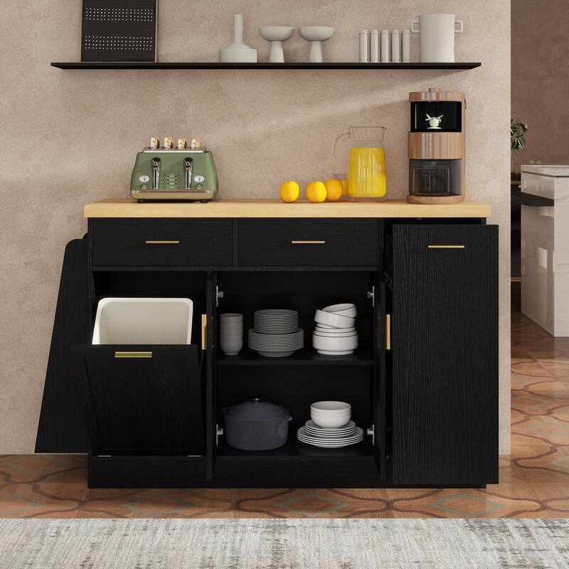 Multi-Functional Storage Sideboard Kitchen Island with Hidden Trash Can and Adjustable Spice Rack