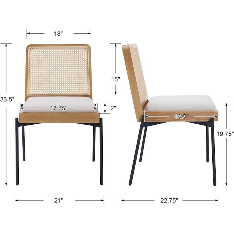 Dining Chairs Set of 2, Accent Linen Fabric Side Chairs with Rattan Backrest Metal Legs Kitchen Chairs for Dining Room