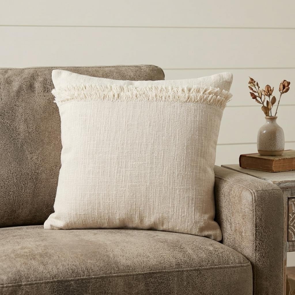 HomeRoots 14" X 36" Cream Cotton Throw Pillow with Fringe