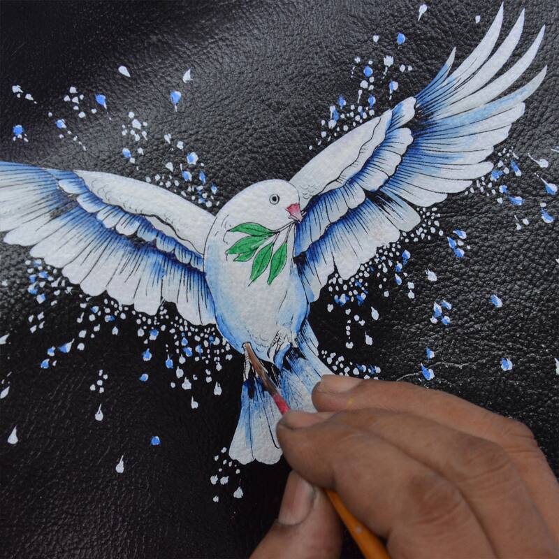 Handpainted Leather Ladies Zip Around Jewelry Case - Peace and Love - Black/Blue