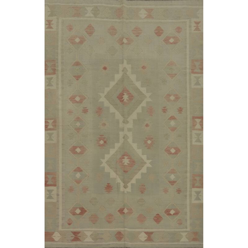Hand Woven Oriental 100% Wool Carpet Southwestern Tribal Green Kilim Area Rug - 8' 0'' X 5' 8''