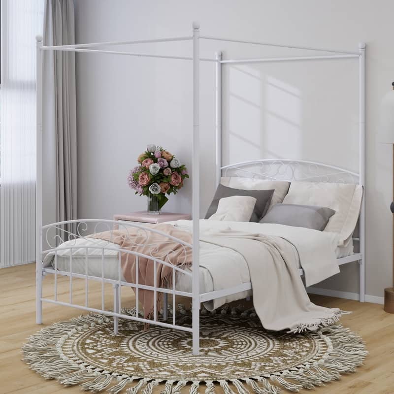 Caxkun Canopy Bed Frame Four-Poster Metal Platform Bed - White - Full