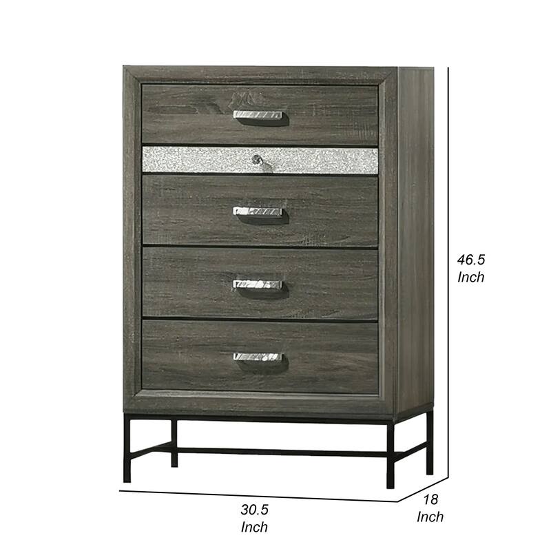 Lito Tall Dresser Chest, 4 Drawers w 1 Jewelry Tray, Glam Silver, Gray