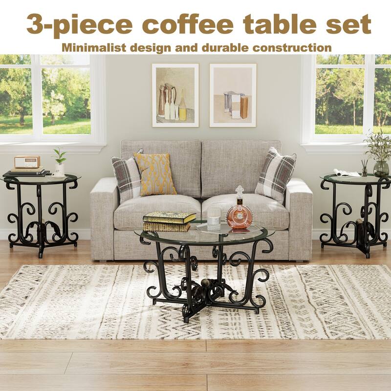 3-Piece Coffee Table Set,Tempered Glass Surface with Sturdy Metal Frame-Modern Living Room Sets(1 Coffee Table + 2 End Tables)