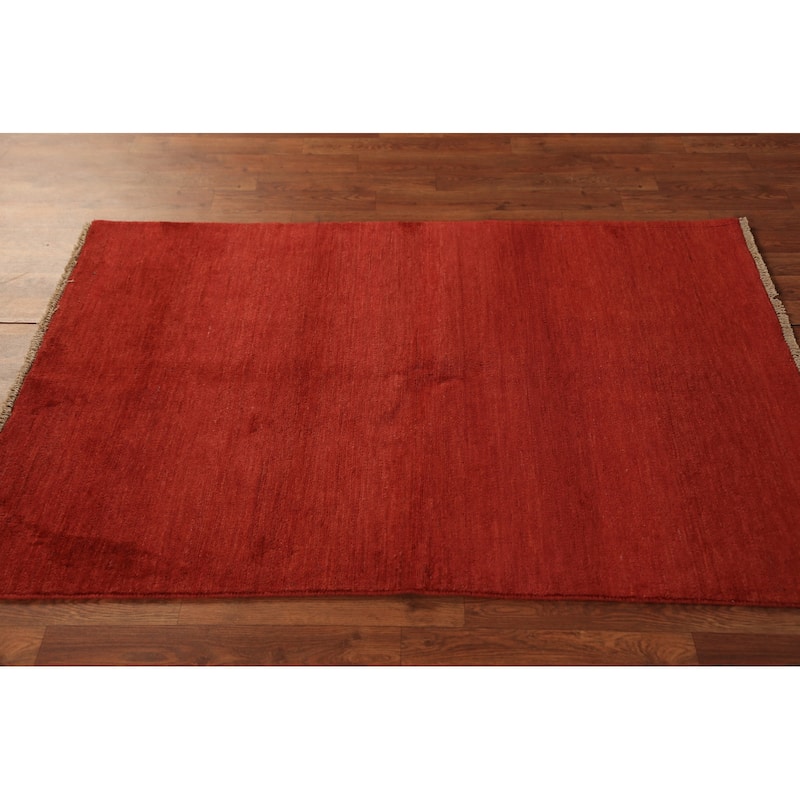 Gabbeh Modern Rug Hand-Knotted Red Solid Wool Carpet - 3'4" x 5'0"