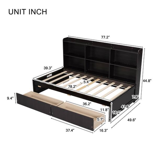 dimension image slide 2 of 3, Twin Bed with Side Bookcase and Storage Drawers - Space-Optimizing Design