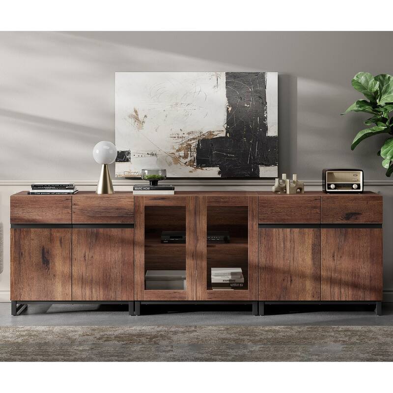 Modern TV Stand for Tvs Up to 100 Inch, 3 In 1 TV Console with Glass Doors and 2 Drawers, Entertainment Centerf or Living Room