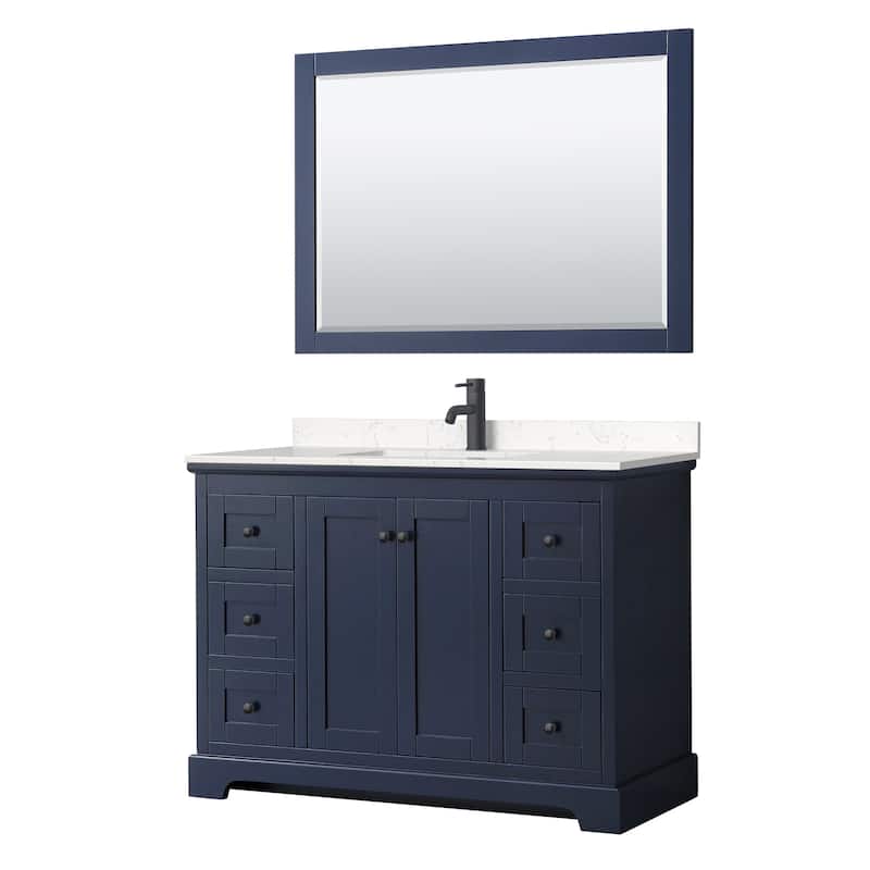 Avery 48 Inch Single Vanity, Cultured Marble Top, 46 Inch Mirror - Dark Blue, Black Trim, Carrara Cultured Marble Top