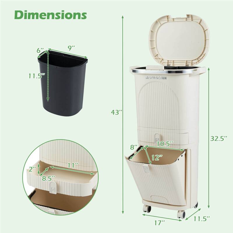 Costway 11 Gallon Kitchen Trash Can with Lid, 2 Removable Buckets, - Beige